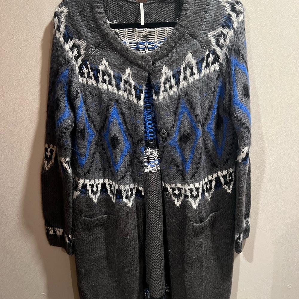 Free People Gray and Blue Patterned Women's Sweater